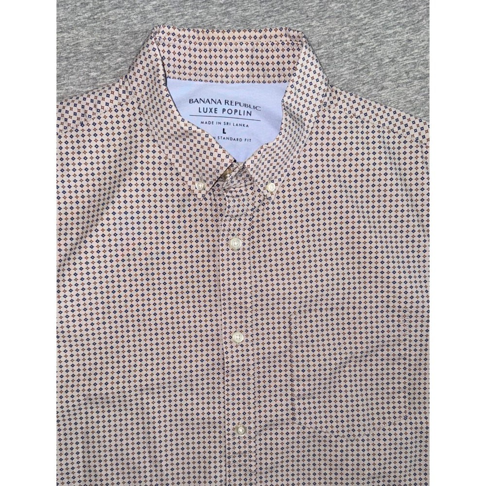 Banana Republic Mens Camden Standard Fit Luxe Poplin Tan Shirt Large Geometric